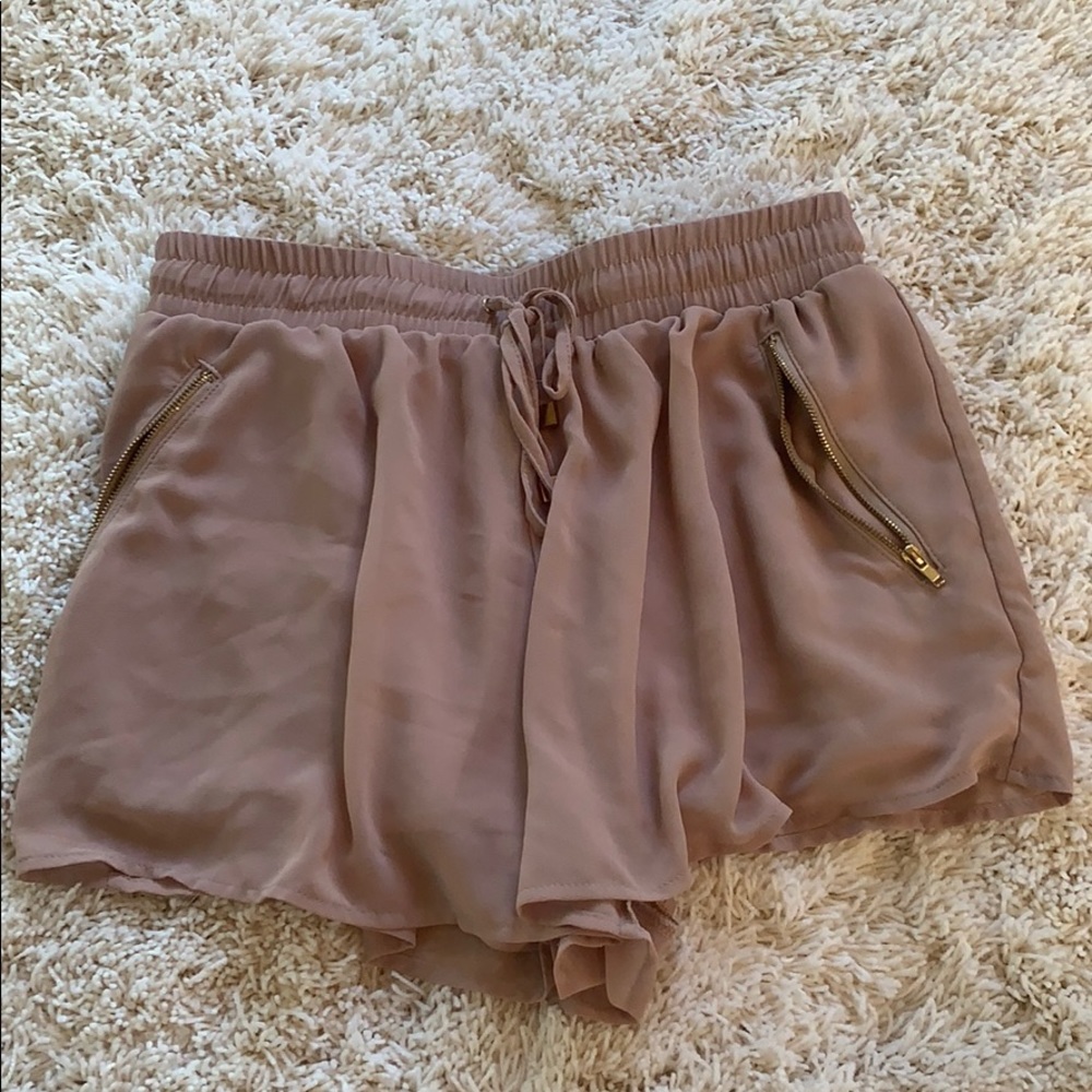 Tan and Gold Foley shorts with zipper pockets